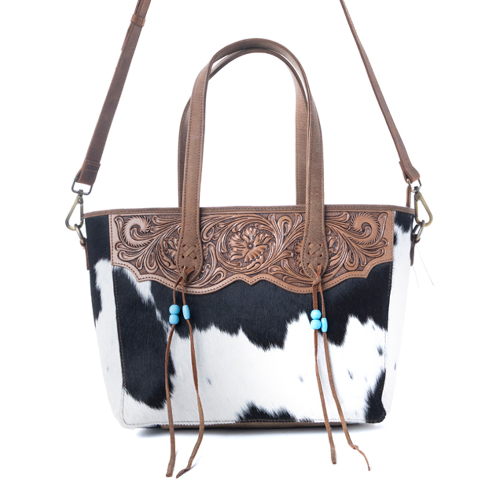 Myra Saddle Crestfall Handtooled Bag in Cowhide Frost