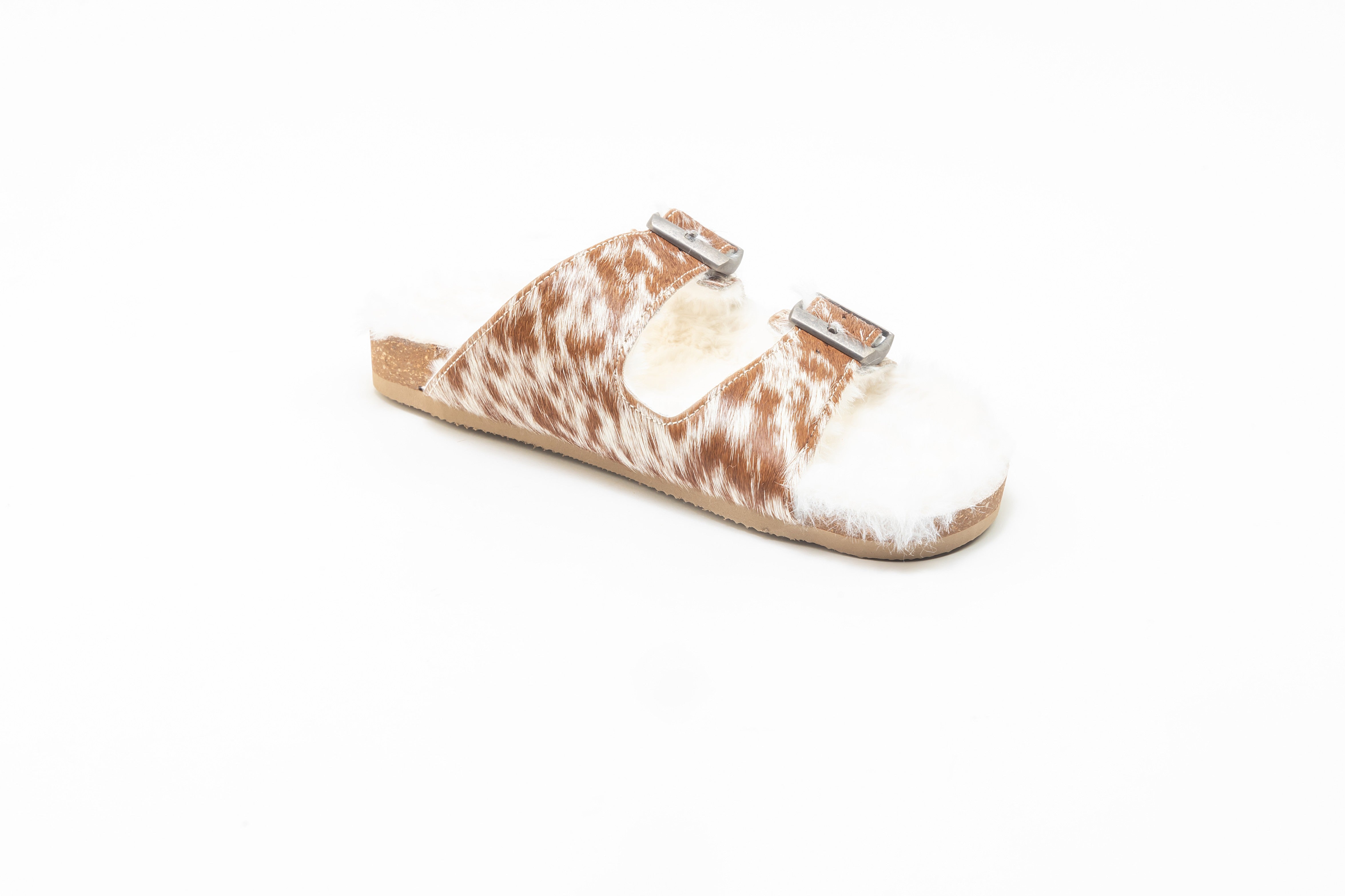 Prairie Winds Fur Comfort Hairon Leather Sandals In Brown & White